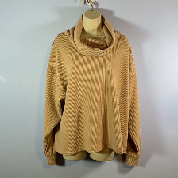 Easel boutique cowl neck sweater thin ribbed camel tan loose boxy exposed seams - Picture 1 of 8